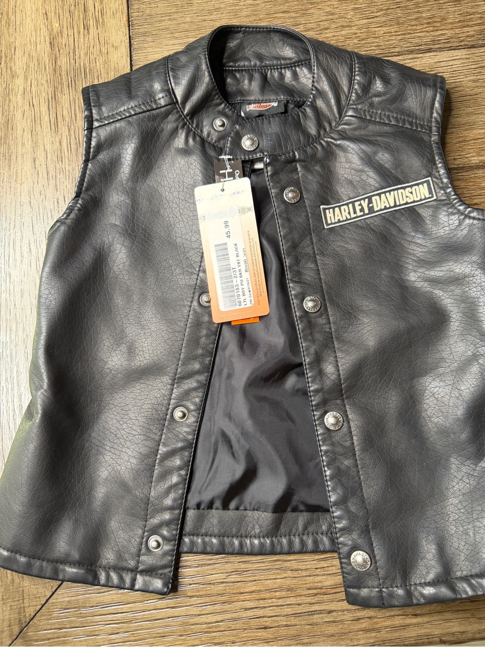 Harley-Davidson Kids Black Faux Leather Snap-Front Vest with Patch 2/3T